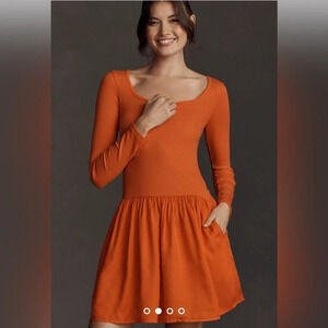 SUNDRY Evereve Anthropologie Mixed Media Long Sleeve Mini Dress Orange Size 1 SM